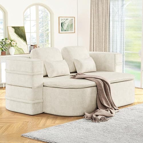 Antetek Convertible Sleeper Sofa, Modern Folding Futon Chenille Floor Foam Compression Loveseat Sofa Bed Couch, Foldable Full-Size Guest Bed with 4 Pillows for Living Room Bedroom Apartment, Beige thumbnail 4