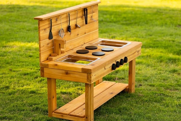 Noble Toys XL Cedar Outdoor Mud Kitchen Centered with Backsplash and Stovetop for Toddlers Kids | Pretend Play Table | Sensory Table | Outside Playset | Real Wooden Kitchens | Preschool Equipment thumbnail 5