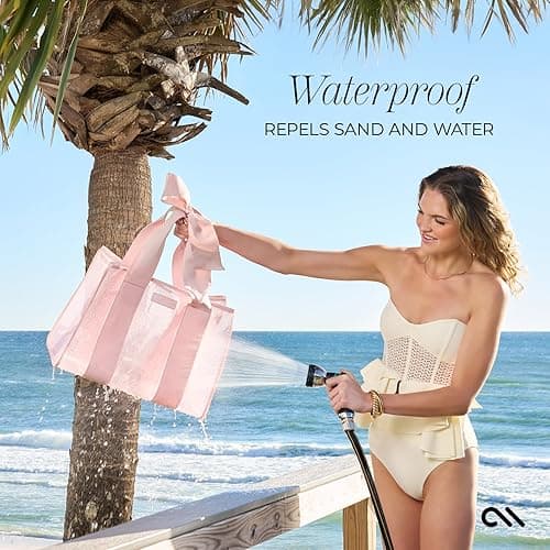 Case-Mate Pink Bow Beach Tote - Lightweight Beach Bag with Phone Pouch for Women - Waterproof, Tip-Proof, Foldable & Washable - Tote Bag for Beach, Pool, Travel and Vacation - Large - Ballet Pink - Large thumbnail 6