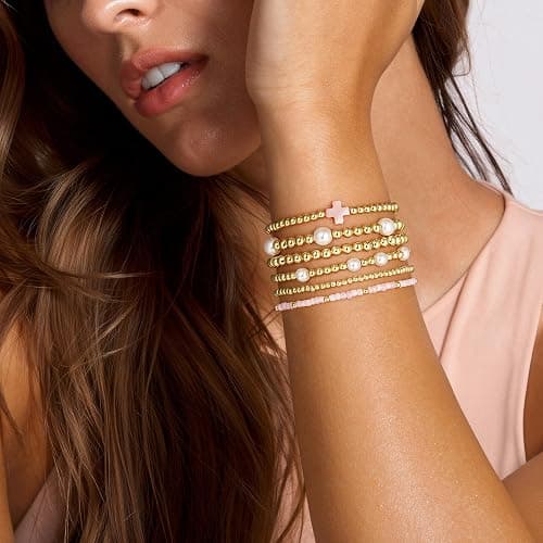 M MOOHAM Boho 14K Gold Plated Bracelets for Women - Elastic Cross Beaded Bracelet Stack Stretch Pearl Bead Bracelet Colorful Christian Jewelry Set Religious Gifts for Women Teen Girls thumbnail 3