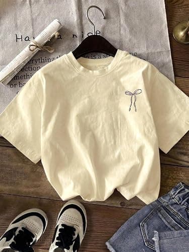 RoseSeek Girl's Bowknot Letter Graphic Tshirt Short Sleeve Crew Neck Cute Summer Tee Tops thumbnail 2
