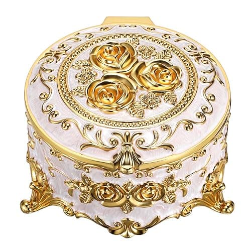 Hipiwe Round Jewery Box Metal Trinket Organizer Decorative Keepsake Box for Trrasure Ring Earring Holder Vintage Jewelry Display Case, Beige, 5.7" L x 5.1" W x 3.5" H - Image 1