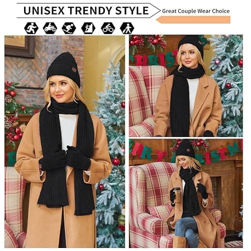 Womens Winter Knit Warm Hat Beanie Long Scarf Touch Screen Gloves Set Skull Caps Neck Scarves for Women thumbnail 6