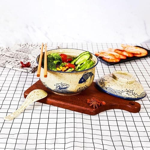 Ceraozmus Ceramic Ramen Bowl Set, 800ml, with Lid, Spoon and Chopsticks, Japanese Vintage Large Soup Bowls Instant Noodle Bowl Asian Tableware (Fish*1) thumbnail 6