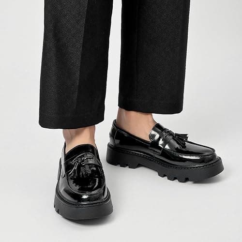 Men's Black Patent Leather Platform Loafers Slip-On Dress Shoes with Tassel, Non-Slip Lug Sole Round Toe Penny Formal Shoes for Business Work & Daily thumbnail 5