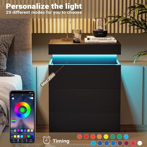 ADORNEVE Nightstand with Charging Station and LED Lights,Night Stand with Sliding Top,Bedside Table with Drawers,Modern End Side Table for Bedroom,Black - Black thumbnail 5
