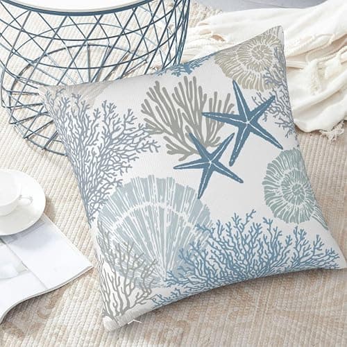 Tebjh Nautical Coastal Beach Pillow Covers 18x18 Set of 2, Ocean Themed Seashell Coral Starfish Throw Pillow Covers Outdoor Decorative Pillow Case for Couch Bed Sofa Cushion Home Decor thumbnail 2