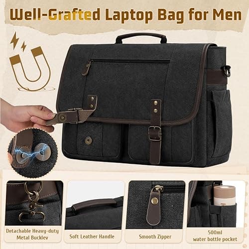 RAINSMORE Canvas Messenger Bag Men 17-17.3 Inch Laptop Bag Computer Briefcase Water Resistant Satchel Bag for Men Work Office thumbnail 4