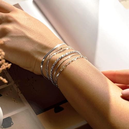 DEARMAY Dainty Silver Plated Bracelets for Women Trendy, Silver Jewelry Set for Women Bracelets for Women Paperclip Box Herringbone Figaro Rope Chain Bracelet Fashion Pack Gifts for Women thumbnail 3