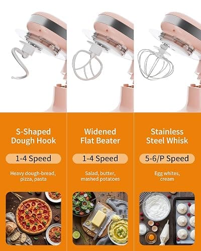 Stand Mixers, 3.4QT Mixers Kitchen Electric Stand Mixer, 6+P Speed Tilt-Head Portable Household Mixers for Daily Use with Egg Whisk, Dough Hook, Flat Beater, Dough Bread Mixer for Baking (Pink) thumbnail 4