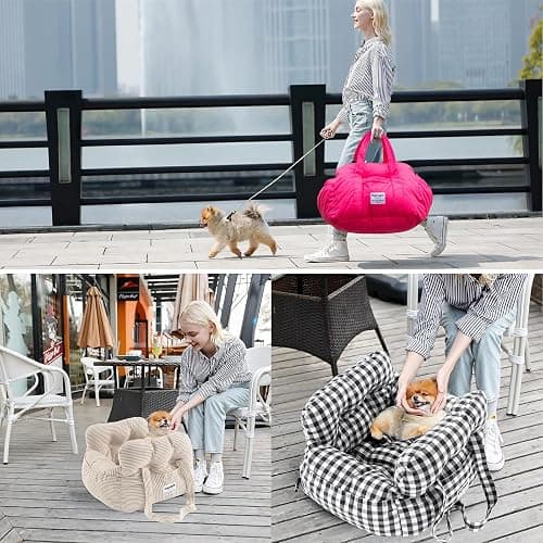 PETNEX Dog Car Seat for Small Dogs, Portable Puppy Car Seat of Easy Installation, Fashionable Pet Carrier Bag with Large Pockets, Machine Washable Dog Booster Seat (Striped Khaki) thumbnail 7