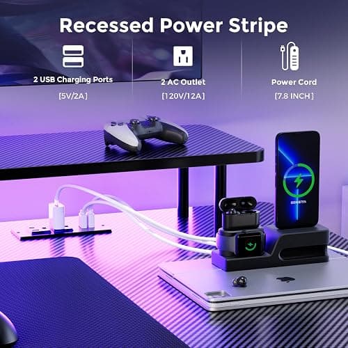 GTRACING 55 Inch Gaming Desk with LED Lights & Power Outlet, Computer Gamer Desk with Monitor Stand, Ergonomic Gaming Table Carbon Fiber Home Office Desk with Mouse Pad & Headphone Hook, Dark Black thumbnail 3
