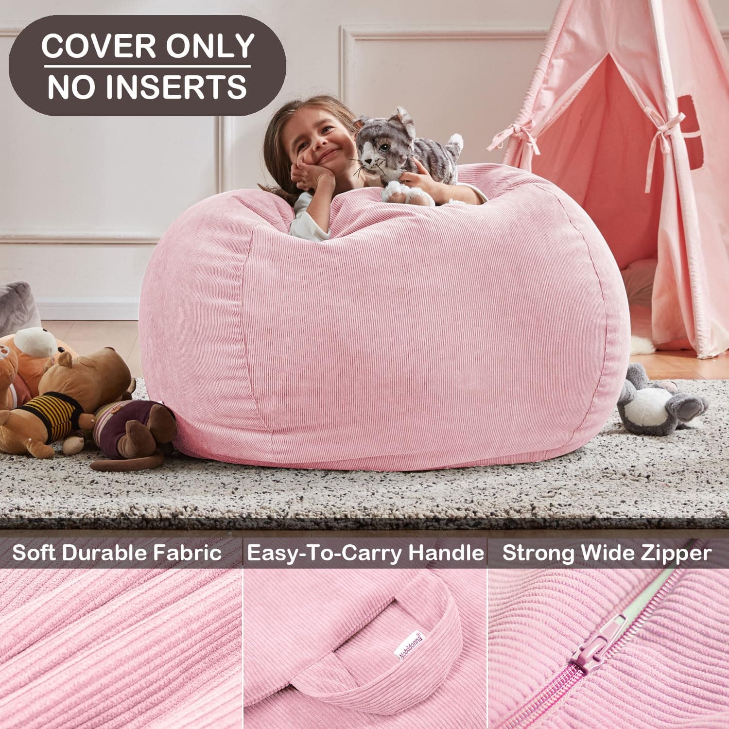 Nobildonna Bean Bag Chair Cover (No Filler) for Kids and Adults. Extra Large 300L Beanbag Stuffed Animal Storage Soft Premium Corduroy - Large(Cover Only) - Pink thumbnail 4