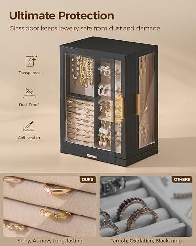 Glimmloop 360° Rotating Jewelry Box with 7 Drawers, Spacious Vertical Jewelry Organizer with Glass Window, Jewelry Storage Case, Dustproof & Moisture-resistant Design, Black thumbnail 3
