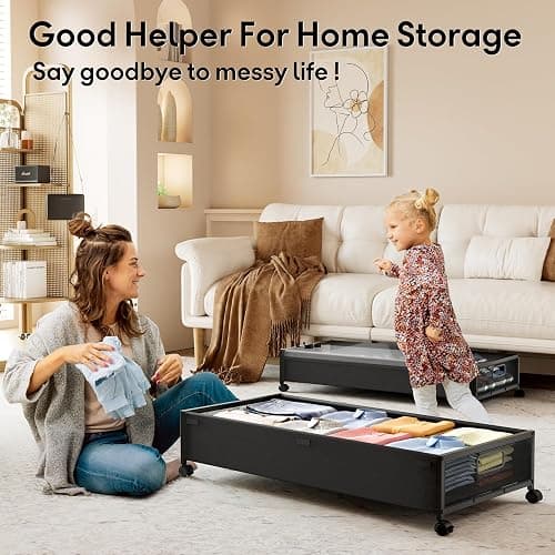 Under Bed Storage Containers with Wheels 2 Pack Underbed Shoe Storage Bedroom Storage Bins Organizer Large Capacity Under Bed Storage with Lid for Clothes Shoes Toys Blankets (Black) thumbnail 9