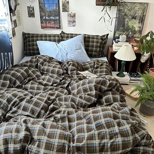 MKXI Buffalo Plaid Duvet Cover Twin XL - 3 Piece Washed Cotton Bedding Set, Blue Brown Green Vintage Aesthetic, Soft Breathable with Zipper Closure thumbnail 2