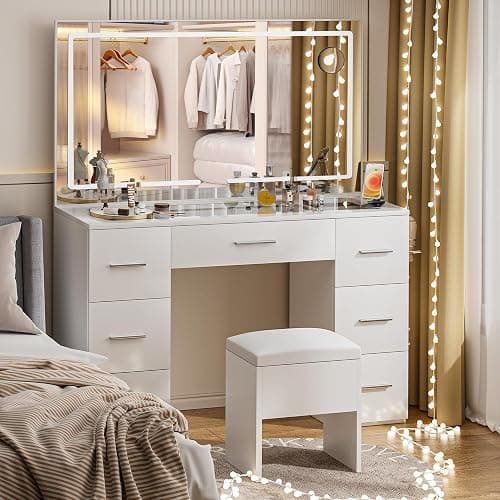 VALONDINO Makeup Vanity Desk with Power Outlet, 46'' Glass Top Vanity Set, 7 Drawers Vanity Table with Cushioned Stool, 3 Lighting Modes Brightness Adjustable,White - Image 1