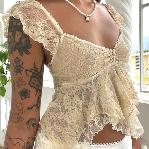 Women Lace Tank Top Cap Sleeve Vintage Floral Sheer Blouse thumbnail 3