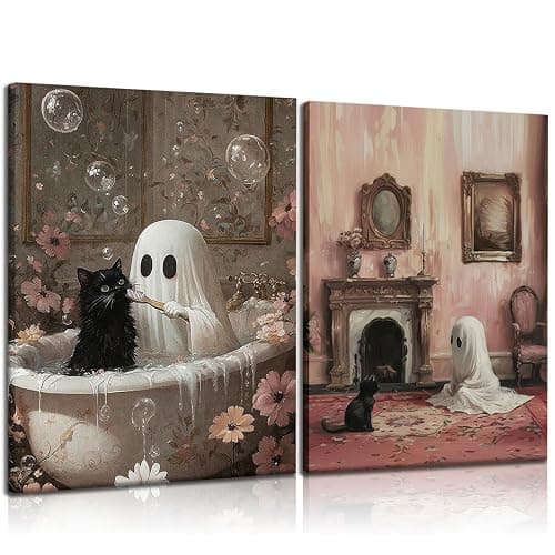 Doqueodas 2 Pcs Framed Vintage Ghost and Cat Canvas Wall Art, Gothic Dark Collegiate Style Paintings Artwork Fun Halloween Posters Prints for Bathroom Living Room Dormitory Wall Decor 12x16 Inch - Image 1