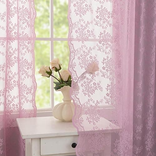 YJ YANJUN Vintage Lace Curtains 63 Inch Length-Victorian Floral Pattern Lilac Sheer Curtain Panels for Living Room Bedroom,Light Filtering, Cute Girls Drapes 2 Panels 52W x 63L Purple Blush - Image 1