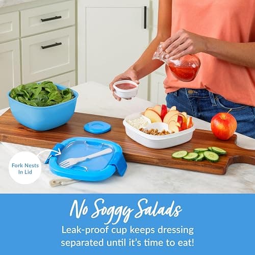 Bentgo Salad Container - 54 oz Bowl with 4-Compartment Toppings Tray, Leak-Proof Dressing Container, Reusable Fork, BPA-Free Lunch Box for Meal Prep & Food Storage; Removable Bento Tray (Blue) thumbnail 5