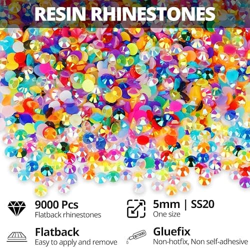 9000Pcs 5mm Rainbow Jelly Colored Rhinestones Gems Bedazzling Bedazzler Kit Jewels Gemstones Stones for Crafts Clothes Crafting Book, Flat Back Resin Bedazzled Crystals SS20 Bulk, Bejeweled B7000 Glue thumbnail 2