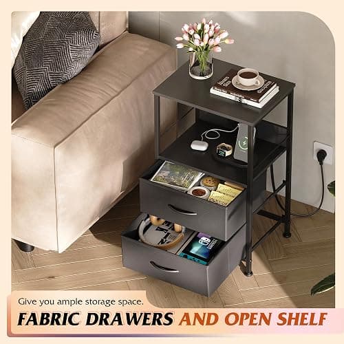 WLIVE LED Night Stand with Charging Station, Black Nightstand with 2 Fabric Drawers and Storage Shelf, Dorm Bedside Table End Table with 2 USB Ports and Outlets, Small Dresser for Bedroom thumbnail 6