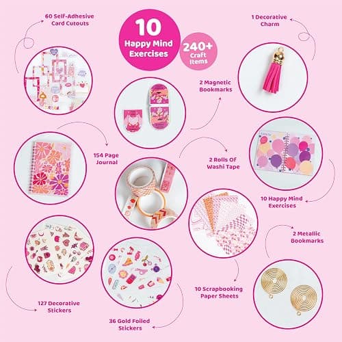 jackinthebox DIY Journal for Girls Ages 8-12, 242 pcs, Journaling kit, Tween Scrapbook, Includes 10 Mental Health Exercises, Girls Diary 8 9 10 11 12 Years - Pink thumbnail 2
