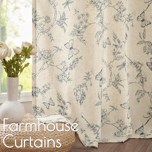 Lazzzy Blue Floral Curtains 84 Inch Length Linen Farmhouse Curtain Back Tab Drapes for Living Room Bedroom Light Filtering Vintage Rod Pocket Curtains, 2 Panels, Blue on Beige thumbnail 4