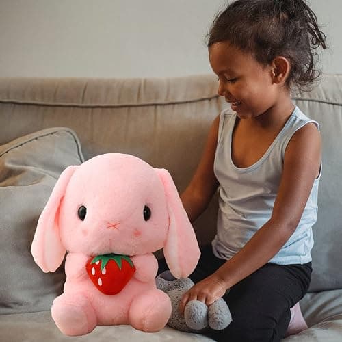 HOUPU Soft Toy - Sitting Lop Eared Rabbit, Easter White Rabbit Stuffed Bunny Animal with Carrot Soft Lovely Realistic Long-Eared Standing Pink Plush Toys (Pink-Strawberry,8.6in/22cm) thumbnail 5