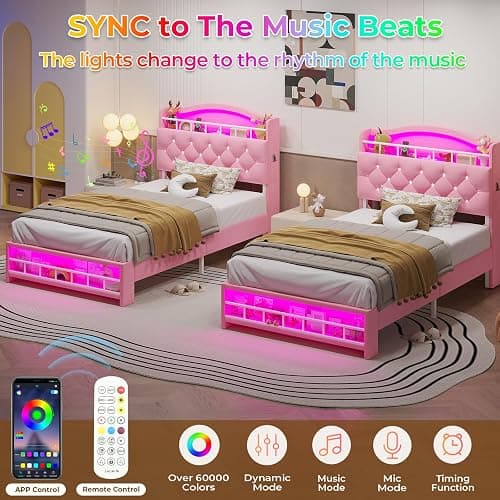 HAUOMS Twin Size Bed Frame with LED Lights, Princess Velvet Upholstered Platform Bed for Girls, Headboard with Charging Station & Guardrail & Crystal Button, No Box Spring Needed, Pink thumbnail 3