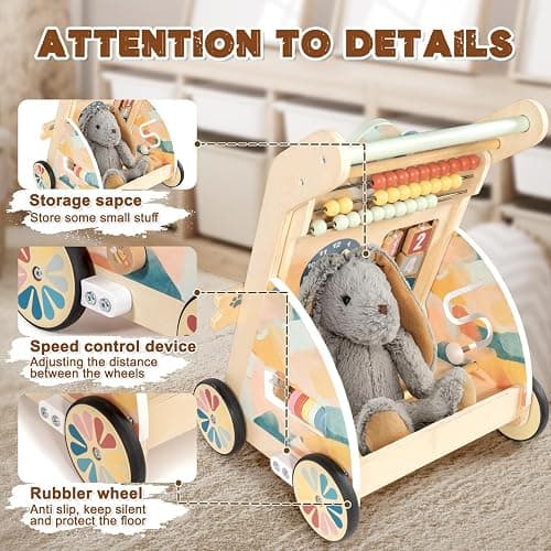 LOL-FUN Wooden Baby Walker with Double-Sided Busy Board, Push Walker for Baby with Adjustable Speed Wheels, Activity Learning Walker for Boys 12 Months thumbnail 7