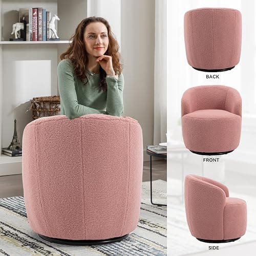 FOXHUNTER Swivel Barrel Chair, 360° Small Single Sofa Armchair Comfy Round Sofa Chair, Boucle Chairs Padded Armchair, Modern Round Accent Arm Chairs for Living Room Bedroom, Teddy Pink - Pink-teddy - One Chair thumbnail 3