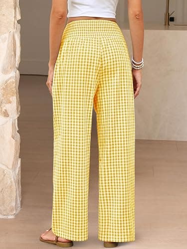 ANRABESS Womens Striped Gingham Palazzo Pants | Wide Leg Smocked High Waisted Pajama Pants, Lounge & Casual, Summer Fall Cute Pants with Pockets thumbnail 4