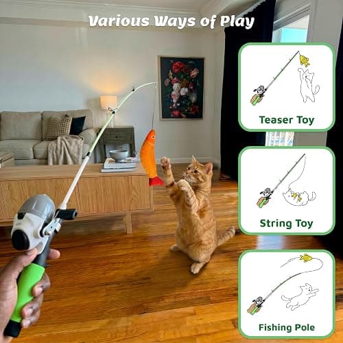 Meowy Cat Wand Toy – Cat Fishing Pole Toy with Reel The Cat Fish Fishing Rod, Telescopic Fiberglass Interactive Teaser Wand for Indoor Cats with Catnip Dental Mesh Attachments thumbnail 6