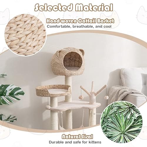 Tangkula Modern Cat Tree Tower, Multi-Level Tall Activity Center with Natural Sisal Scratching Posts, Hammock, Hand-Made Cattail Cute Condo with Funny Toy Balls thumbnail 7