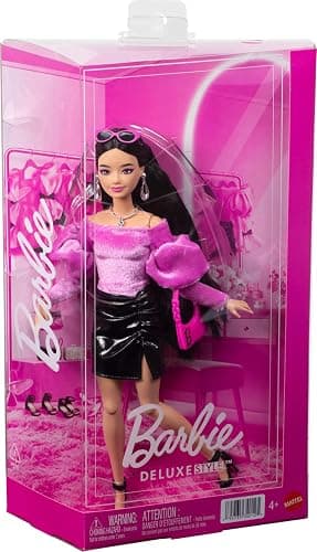 Barbie Deluxe Style Doll #13 in Pink Barbiecore Velveteen Top with Puffed Sleeves, Black Vinyl Mini Skirt, Black Hair, Pink Purse and Sunglasses​​ thumbnail 6