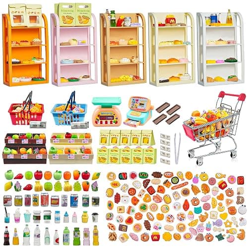 183Mini Food Toys Dollhouse Fruit Vegetable Bread Rack Display Shelf Grocery Store Shopping Cart Basket Miniature Drink Supermarket Metal Handcart Kitchen Play Game Party Cash Register - Image 1