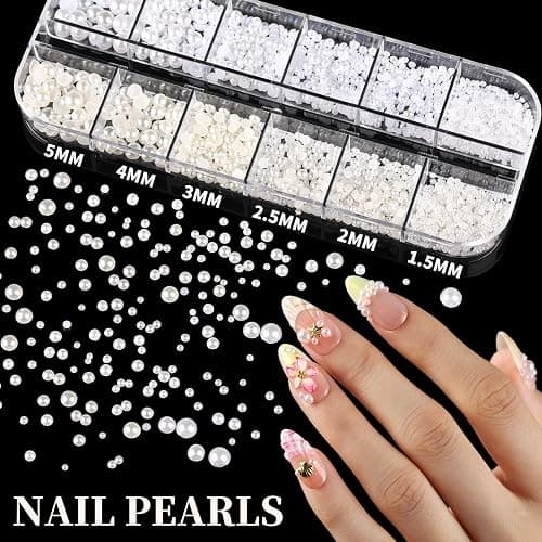 FANDAMEI Gold Nail Gems, 3D Star Nail Charms, Flatback Pearls White Beige, Half Round Silver and Gold Nail Charms, Mixed Sizes Pearls for Nails, Metal Nail Beads, 3D Metallic Nails Art Studs thumbnail 4
