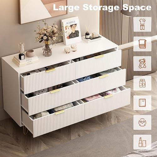 BAZELOR White 6 Drawer Dresser with Golden Handle, Fluted Wood Dressers, Modern Chest for Bedroom, Living Room, Hallway, Entryway thumbnail 5