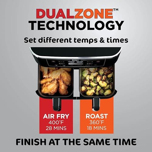 Ninja Foodi Air Fryer, 10 Qt/9.5L DualZone, 6-in-1, Black, DZ302C | Air fry, broil, roast, keep warm, dehydrate, bake, 2x5 Qt/4.7L baskets, Fits 8 lbs/3.6kg wings thumbnail 7