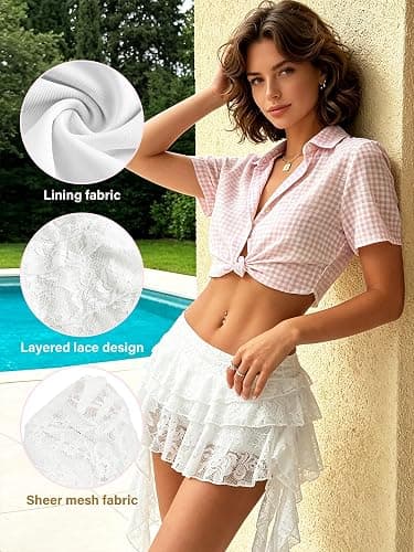 Women's Y2K Mini Skirt Ruffle Lace Mesh Asymmetrical Flowy Short Skort | Bulit-in shorts, layered pleated, low rise, gothic/western style, for rave party/country concert thumbnail 4
