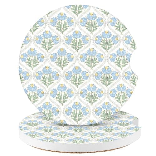 Watbro 2 Pcs Blue Flowers Car Cup Holder Coasters, 2.56 Inch Absorbent Ceramic Cup Coasters for Women, Cute Aesthetic Floral Print Car Interior Accessories for Most Cars, Trucks, SUVs - Image 1