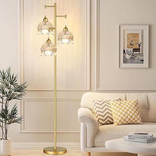 WLQCWL Vintage Floor Lamps for Living Room Bedroom-3 Light Gold Floor Lamp with Glass Lampshape, Flower Tall Lamp Glass Mid Century Standing Lamp Tree Floor Lamp for Living Room Corner thumbnail 7