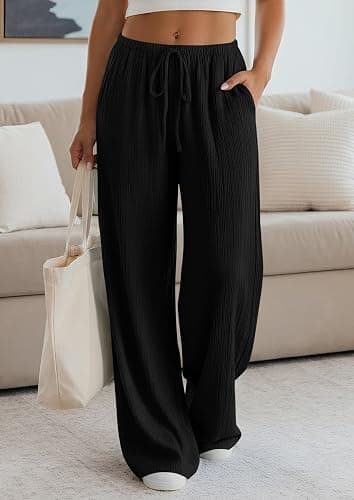 PRETTYGARDEN Womens Palazzo Pants Summer Fashion 2026 High Waisted Wide Leg Drawstring Flowy Beach Trousers with Pockets thumbnail 7
