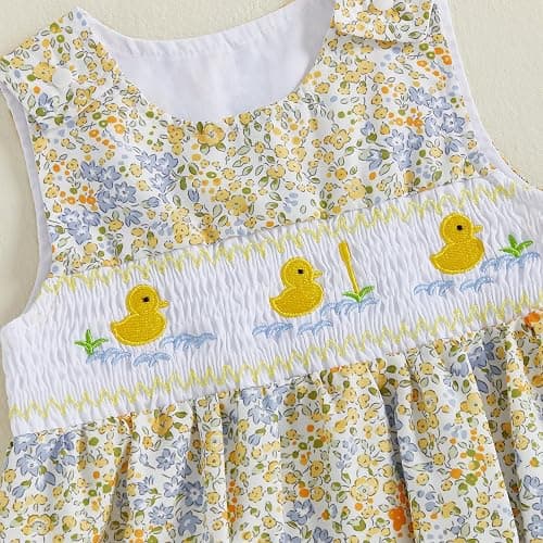 Xnqiwq Baby Girl Floral Bubble Romper with Duck Embroidery Sleeveless Smocked Bodysuit Farm Animal Summer Outfit thumbnail 5