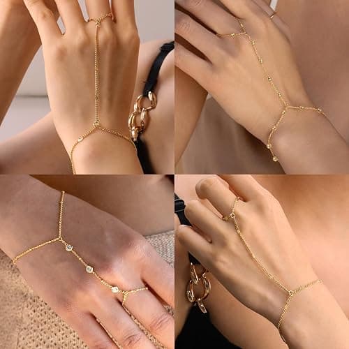 Reoxvo Gold Hand Chain Ring Bracelets Jewelry for Women | Non Tarnish Waterproof 14K Gold Plated Finger Rings Bracelet Accessories thumbnail 2