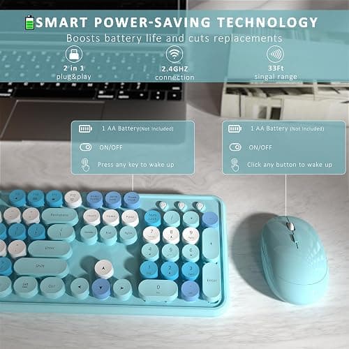 Links9+ Wireless Keyboard and Mouse, Full-Size Retro Typewriter Keyboard with Round Keycaps, 2.4GHz for Windows, Mac, Laptop, PC, Desktop (Blue Colorful) thumbnail 5