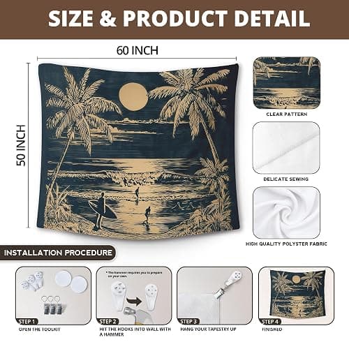 XLDLIOO Beach Wall Tapestry, Tropical Coastal Beach Ocean Wall Tapestry Hanging for Bedroom, Vintage Coastal Palm Tree Sunset Landscape Tapestries Decor Art for Home Living Room 50x60in thumbnail 7