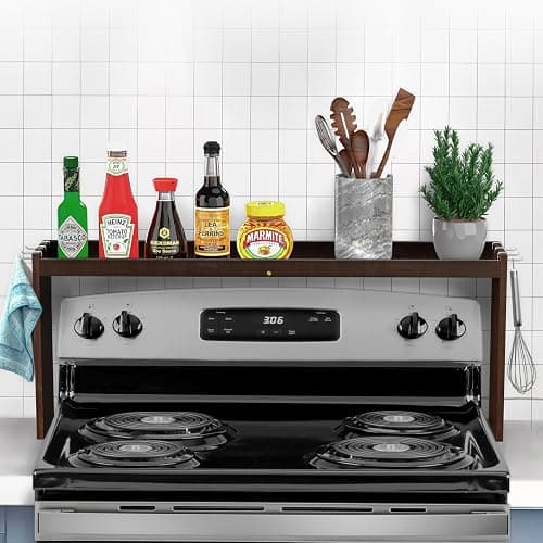 IIIOIIIA Bamboo Over the Stove Spice Rack Organizer Shelf for Kitchen, 31.5" with 6 Hooks, 11.4" Height Extra Storage Countertop, Easy to Assemble, Walnut - Image 1